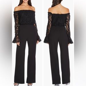 NWT Adrianna Papell | Black Off the Shoulder Lace & Crepe Jumpsuit 10